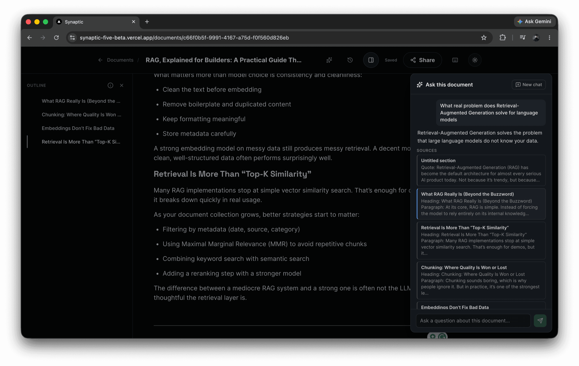 The Synaptic editor with the “Ask this document” panel open on the right, showing an answer about Retrieval-Augmented Generation above a list of cited source passages drawn from the document.