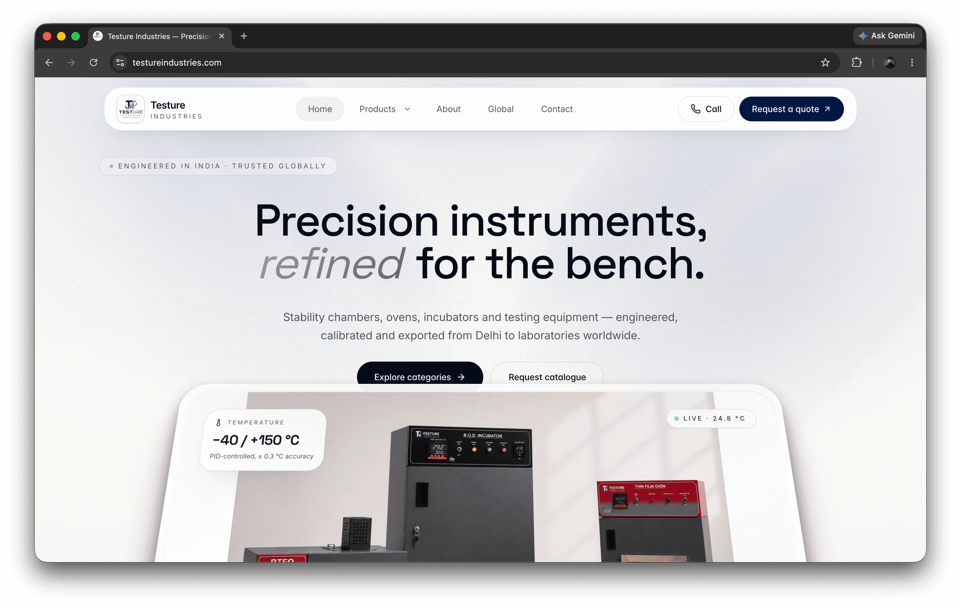 The Testure Industries homepage: the headline “Precision instruments, refined for the bench.” above a studio photograph of a BOD incubator, thin film oven, RTFO and curing tank, with temperature and humidity specification cards.